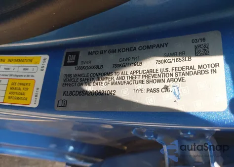 2016 Chevrolet Spark 1Lt Cvt из США, поврежденный, VIN KL8CD6SA2GC621042